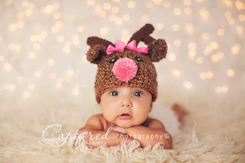 Cute Baby Christmas Photo Shoot Prop ~ Knit//Crochet Rudolf Bobble Hat Boy//Girl