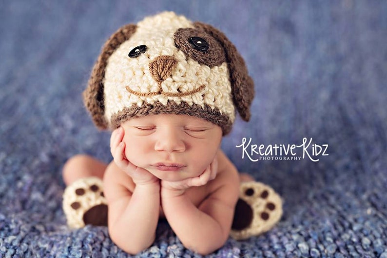 Baby Boy Hat DISCONTINUED PUPPY LUV Newborn Crochet Doggy Hat and Paws Booties Dog Hat Slippers photo prop outfit set photography hospital image 3