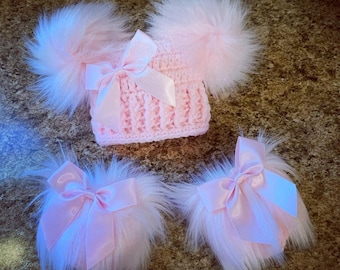 Crochet Baby Girl Hat and Faux Fur Booties Set