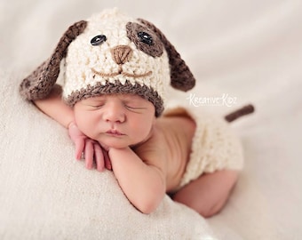 Discontinued Baby Boy Hat PUPPY LUV Newborn Baby Boy Crochet Doggy Hat and Paws Booties Dog Hat Slippers