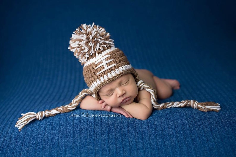 Ohio State Buckeyes Baby Boy Hat FOOTBALL Newborn Baby Boy or girl Crochet Football Hat With Ear Flaps 0 3 6 12 months Steelers Texans photo image 6