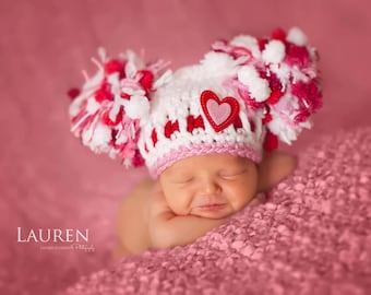 SALE Baby Girl Hat Valentine Hat Newborn Crochet Chunky Double Pom Pom Photography Prop Valentines Day Heart  leg warmers 0 3 6 9 12 months