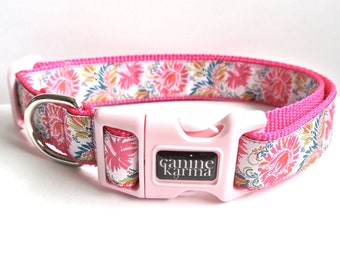 Pink Floral Dog Collar - 1" Adjustable Dark Pink Flowers Collar