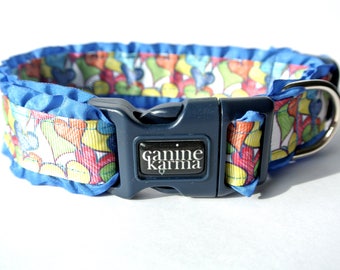 Blue RUFFle Hearts Dog Collar - 1" Adjustable Colorful Collar