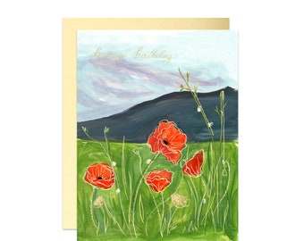 Happy Birthday French Poppy Card, Joyeux Anniversaire, Gold Foil