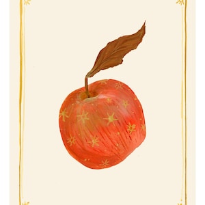 May include: A red apple with a brown stem and leaf. The apple is decorated with small, yellow stars.