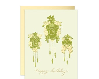 Cuckoo Clock Gold Foil Happy Birthday Card