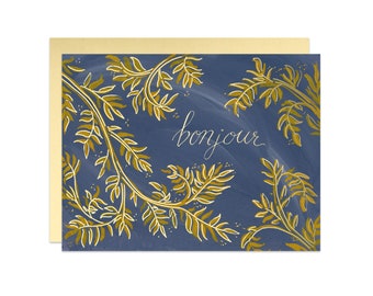 Bonjour French Laurel Hello Gold Foil Greeting Card