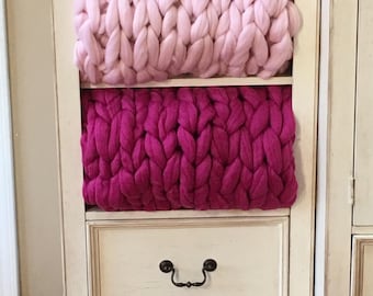 Handmade Chunky Knit Merino Wool Blanket: 40" x 63" Throw