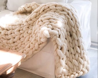 Chunky Knit Blanket, SALE TODAY ONLY!   Ivory Chunky Knit Wool Blanket 40" x 60" Throw Blanket Giant Knit, Chunky Merino Blanket Ecru White