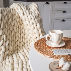 Chunky Knit Throw Blanket | Soft Merino Wool | Giant Knit, Extra Chunky Wool Blanket | Handmade in USA | 40&quot; x 53&quot;