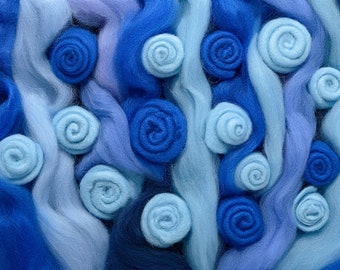 BLUE Wool Roving SAMPLER Spin It! Felt It!  Easy to use and Produces a high quality finished Project. Merino 23 micron