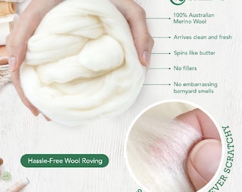 1lb Natural White Merino Wool Roving: Soft Fiber for Spinning, Felting & Weaving