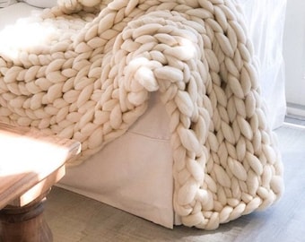 Hand Knit Merino Wool Chunky Blanket: Ivory Giant Knit Throw (50"x 65")