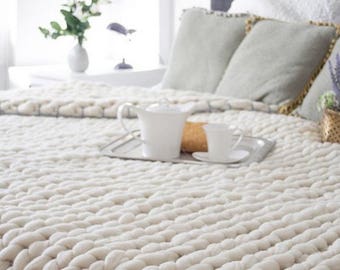 King Chunky Knit Blanket 90" x 100" Chunky Knit Merino Blanket, Wool Knit Blanket, King Knit Blanket ON SALE for a Limited Time!