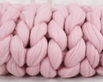 Pink Chunky Knit Merino Wool Blanket: Handmade Bed Throw (40