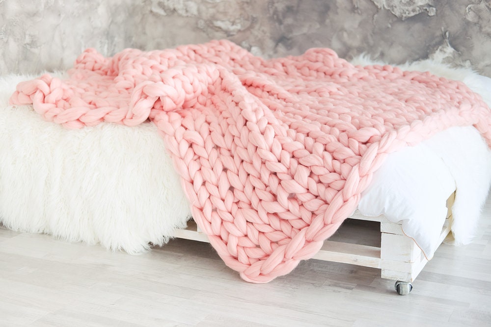 Rose Quartz Rose Chunky Knit Blanket -Super Merino Wool 40 X 60 Throw Giant Knit, Bulky Câlin Doux