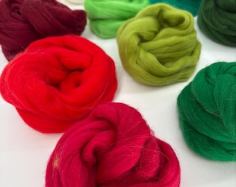 Christmas Merino Wool Roving: Holiday Felting Fiber, Red, Green