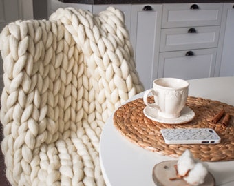 Ivory Chunky Knit Merino Wool Blanket: USA Handmade Throw (40x63)