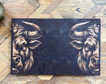 Handmade Walnut & Maple End Grain Cutting Board: Bull Design