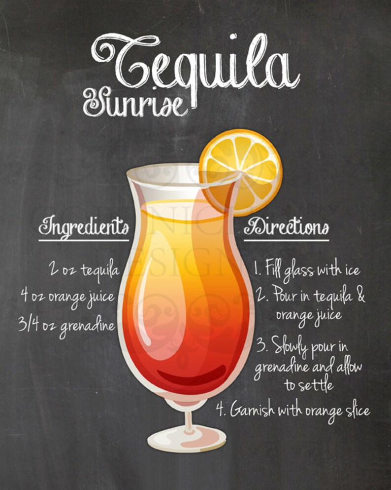 Tequila Sunrise Cocktail Recipe Chalkboard Printable Kitchen Etsy