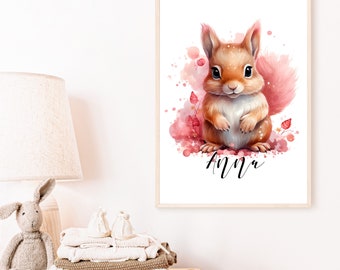 Affiche écureuil personnalisée | Chambre d'enfants | Images | Animaux | naissance