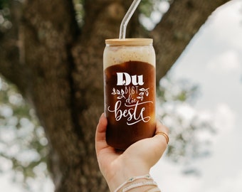 Drinking glass with bamboo lid | long drink glass | drinking cup | glass straw | iced coffee