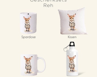 Geschenkset Reh | Tasse | Trinkflasche | Becher | Kissen | Spardose | Kinderzimmer | Einschulung