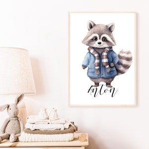 Poster raccoon personalized Children's room Image Animals birth image 1