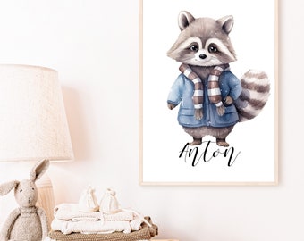 Poster raccoon personalized | Children's room | Image | Animals | birth