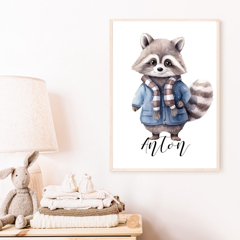 Poster raccoon personalized Children's room Image Animals birth image 1