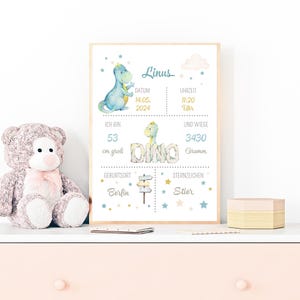 Poster Geburt  Dino | Personalisiert | Dinosaurier | Baby | Geburtsposter