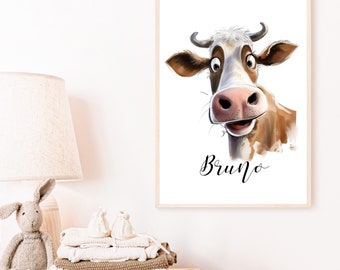 Poster cow personalized | Children's room | Image | Animals | birth