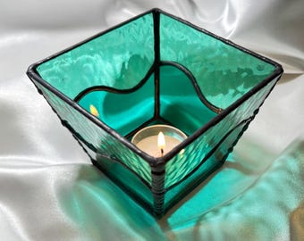 Teal Stained Glass Votive Holder