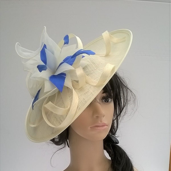 Alisha..cream Feather Fascinator with royal blue .Stunning Sinamay Fascinator on a Headband..