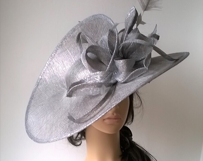 Featured listing image: Carolyn large statement hatinator in Graphite Grey lurex ..with added sinamay ribbon trim ..bag seperate purchase