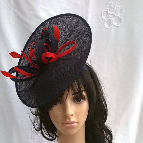 Navy Feather Fascinator..Sinamay Fascinator on a Headband..with poppy red trim..bag seperate purchase