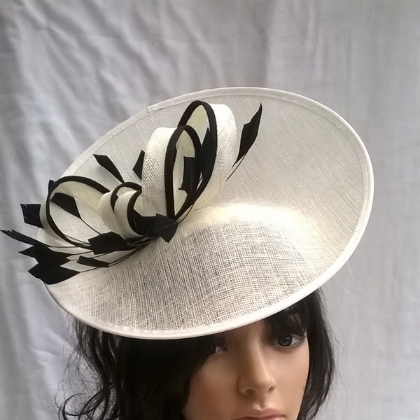 Order special delivery...Ivory and  Black Feather Fascinator..Stunning Sinamay Fascinator on a Headband..