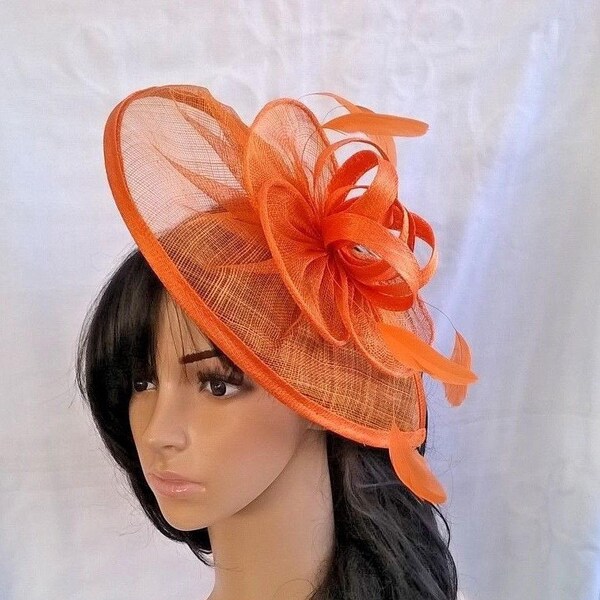 Orange Fascinator..Stunning  Fascinator ..Sinamay and  Feather Teardrop style  with  swirls ,coque Feathers