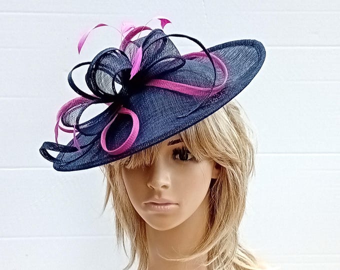 Featured listing image: Navy & Fuchsia pink Fascinator..Stunning shaped Sinamay Fascinator Hat on a Headband   Patsy