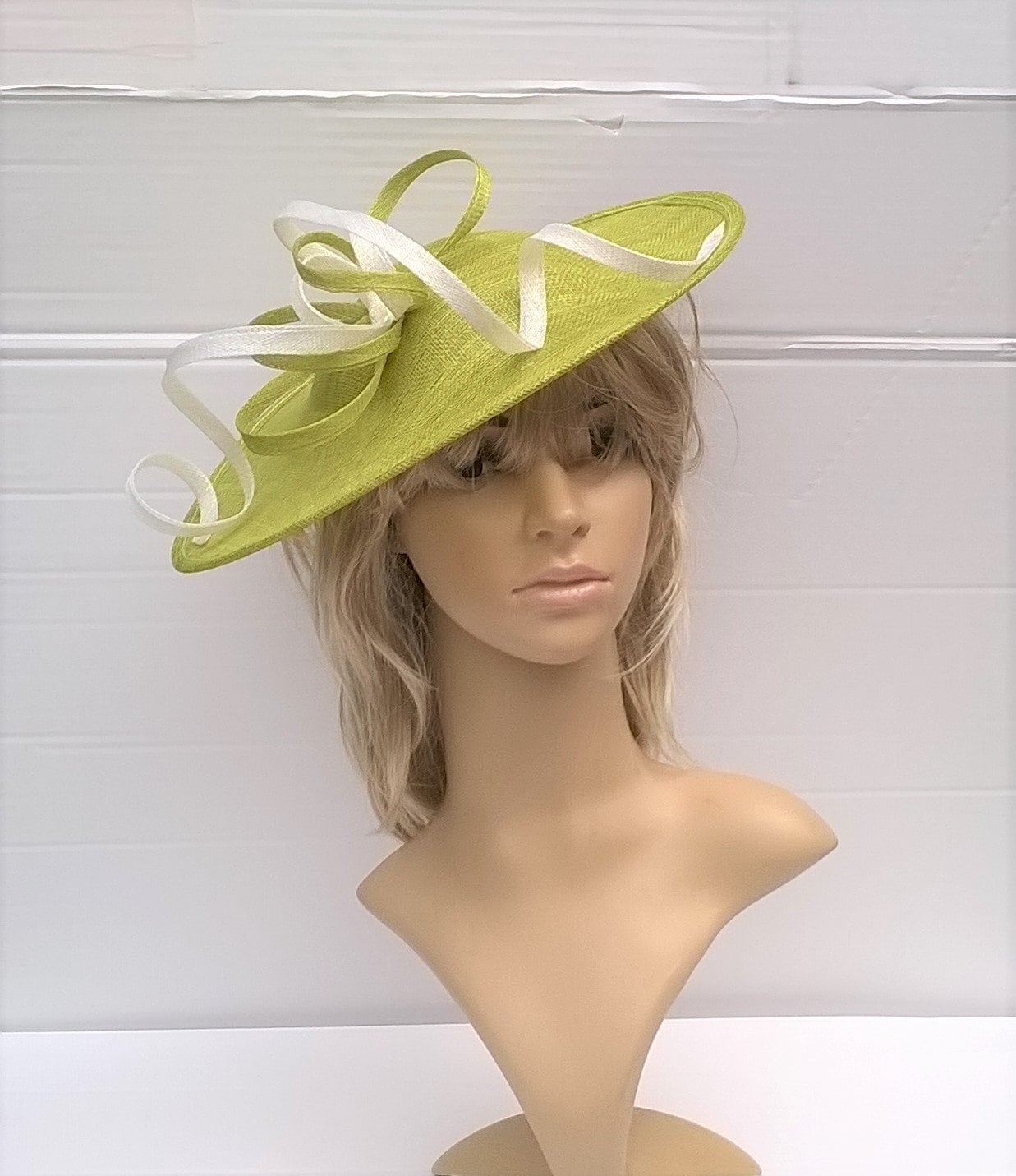 Lime Fascinator .swirled White..Stunning shaped Fascinator on a Headband..