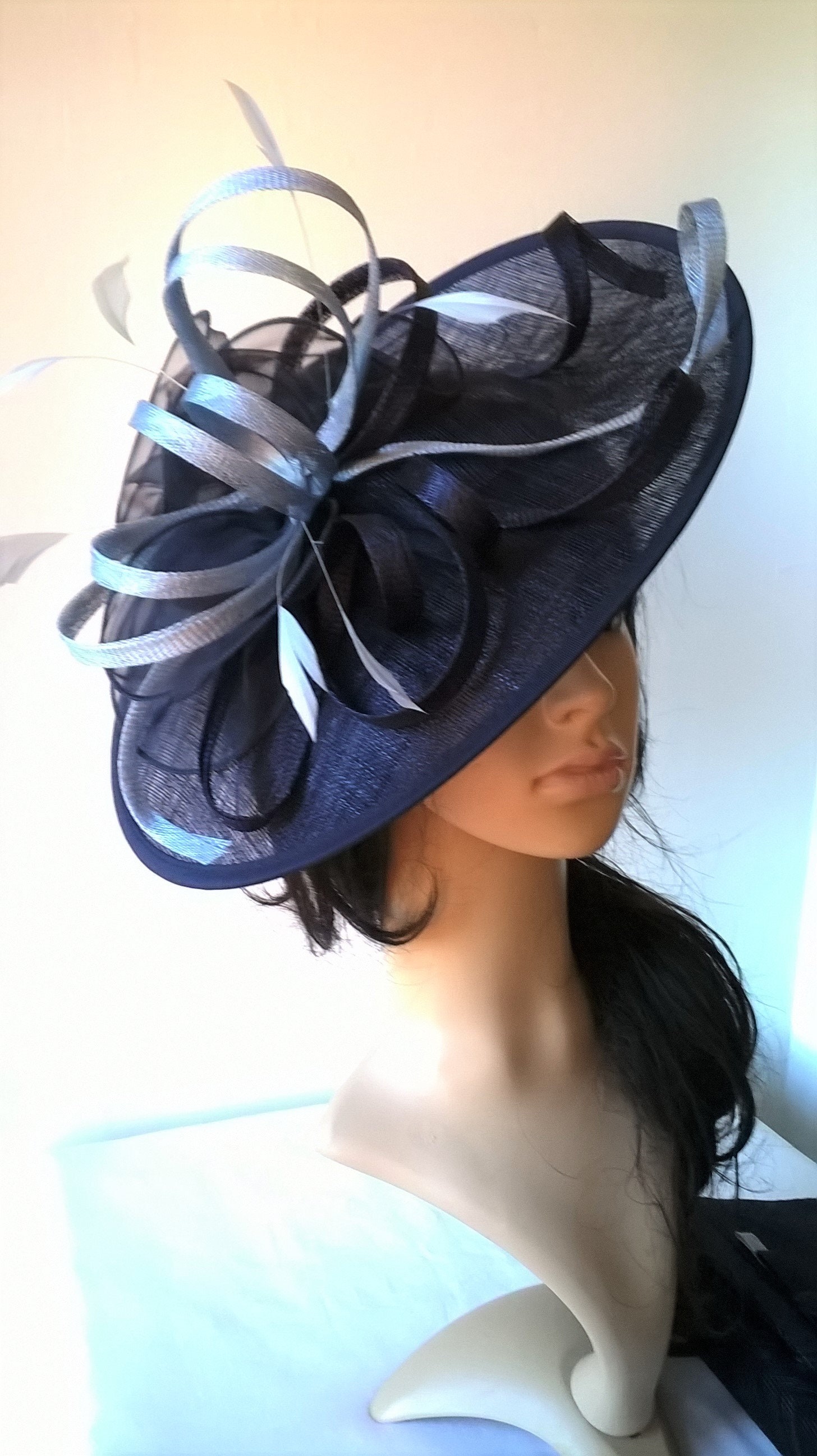 Amy..Navy Blue with pale powder Blue Feather Fascinator..Stunning