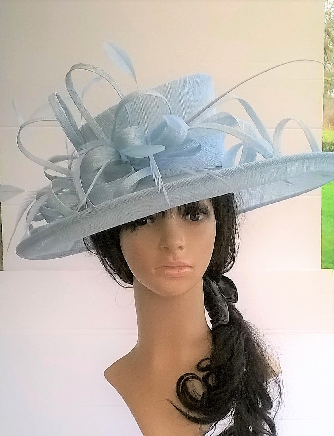 Powder Blue Statement Hat..Stunning Sinamay Hat ..with looped trim ...