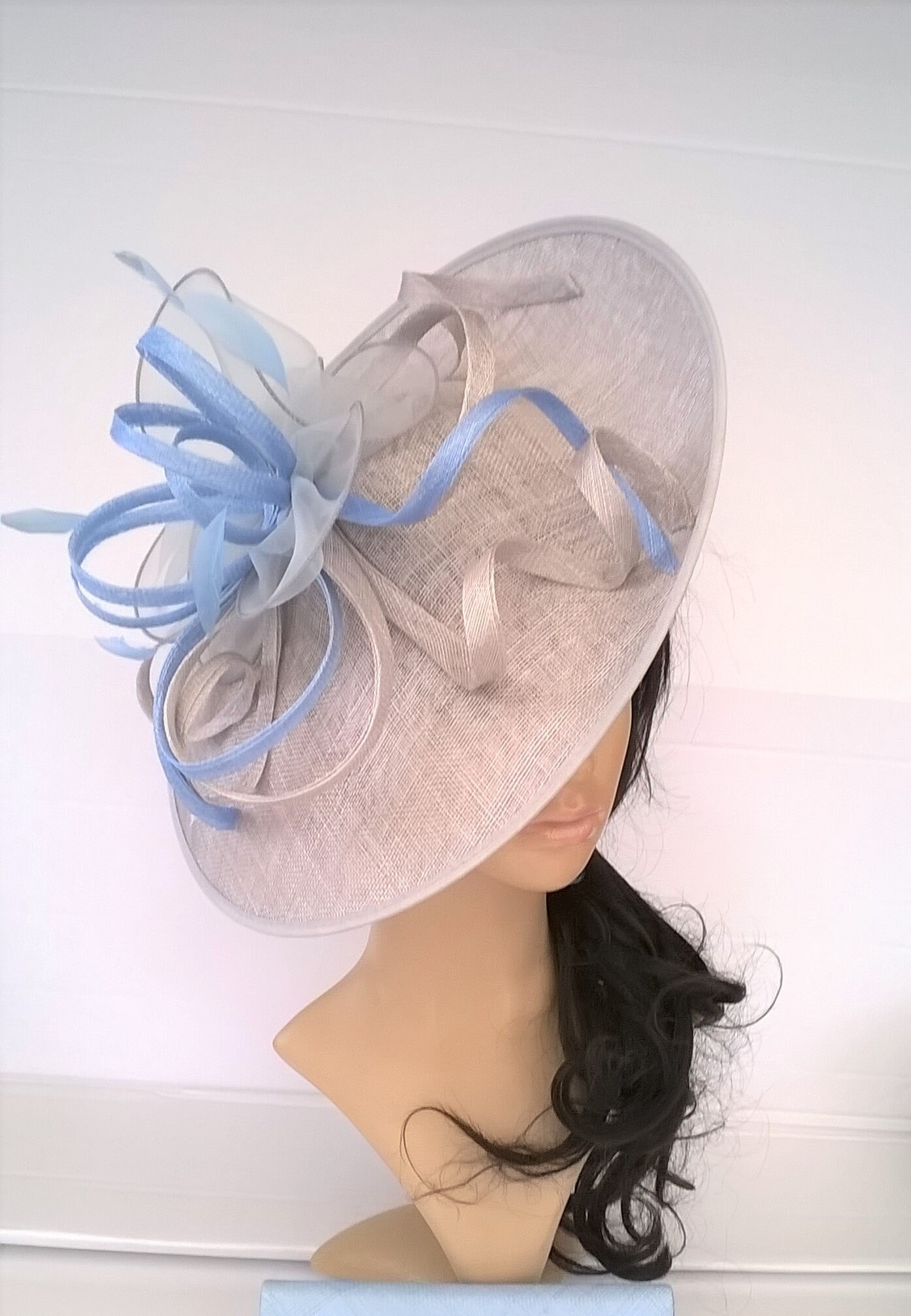 Silver Grey Fascinator with Blue loop & feathers..Stunning Sinamay