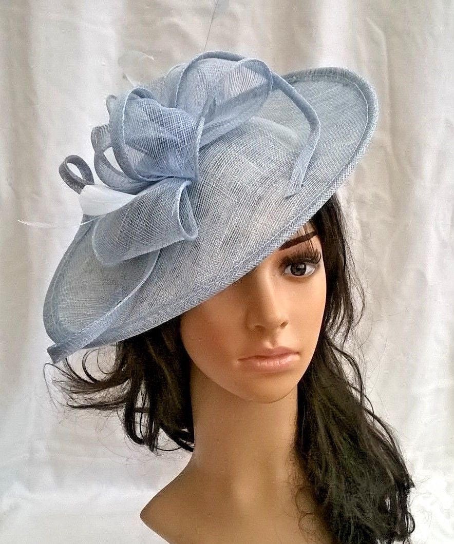 Jessica.Stunning Dusky Powder Blue Sinamay Shaped disc Fascinator with