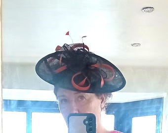 Navy & Orange Fascinator..Stunning shaped Sinamay Fascinator Hat on a Headband   Patsy