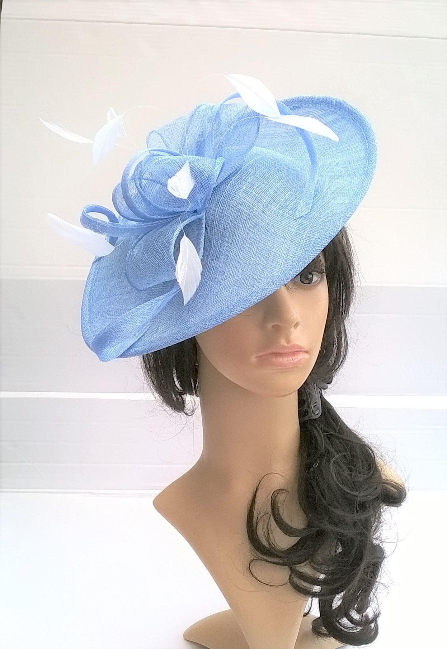 Powder Blue Fascinator Sinamay Shaped disc with swirls,loops & coque feathers..wedding,races
