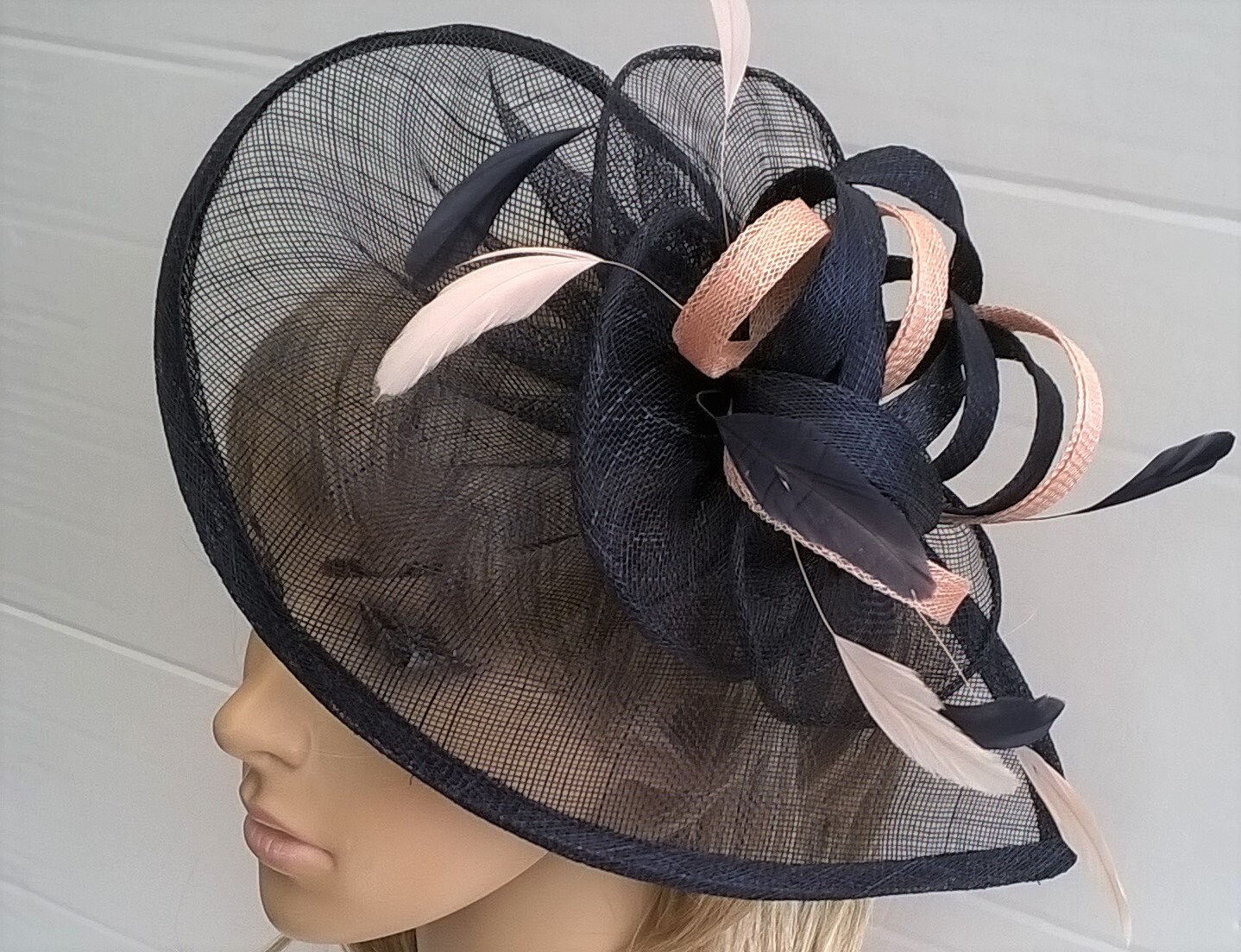 Navy & Candy pink Fascinator...Sinamay and Feather Teardrop style with