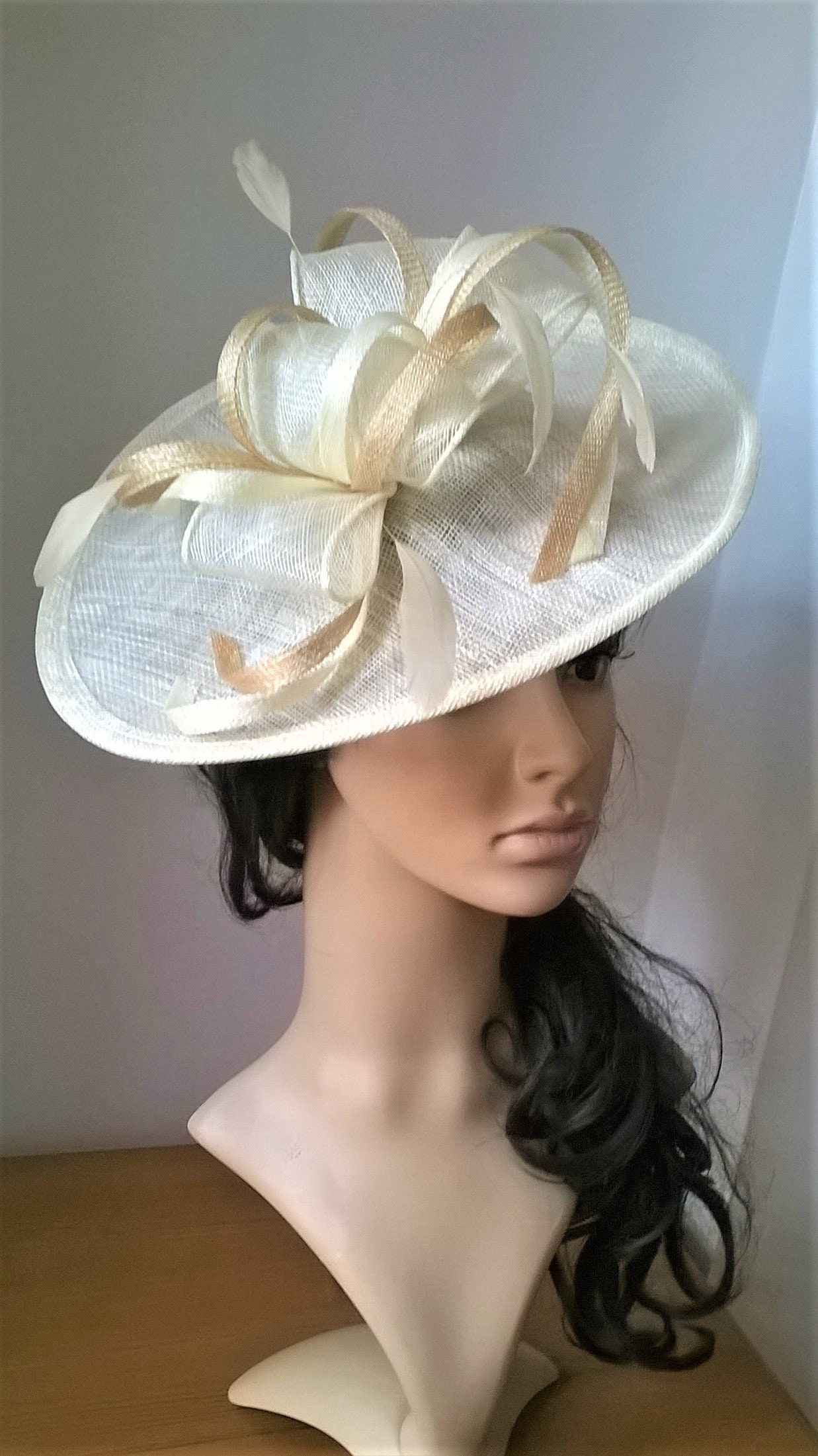 Creamy Ivory & pale gold Fascinator..Stunning shaped Sinamay Fascinator