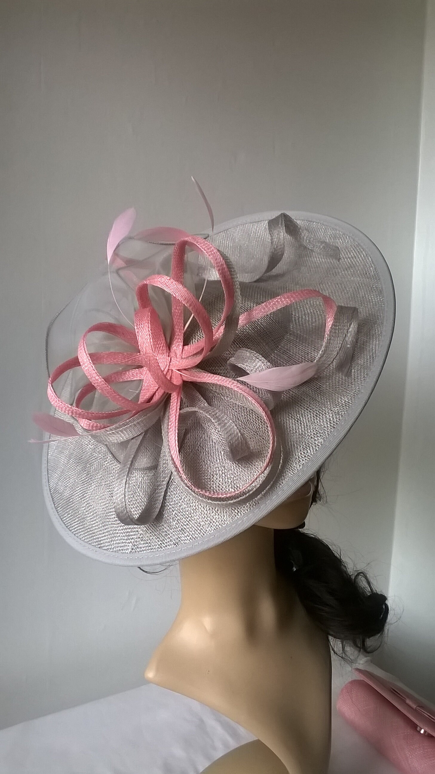 Silver Grey Fascinator with pink loops & feathers..Stunning Sinamay Fascinator on a Headband..Amy